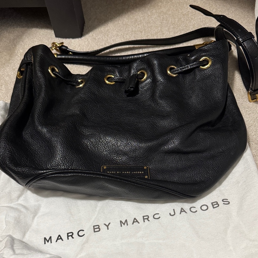 Marc by Marc Jacobs Black Leather Shoulder bucket Bag with Gold Accents
